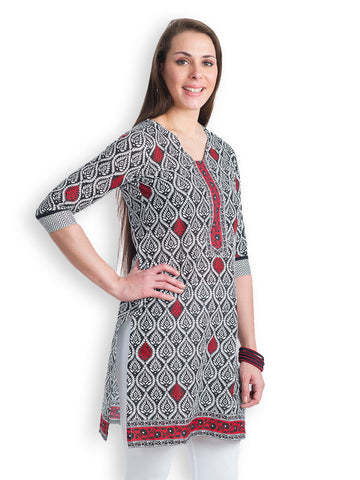 499 Women White &amp; Black Printed Kurti