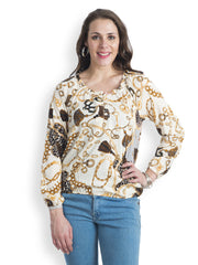 499 Women Cream &amp; Brown Printed Top