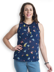 499 Women Navy Butterfly Print Top