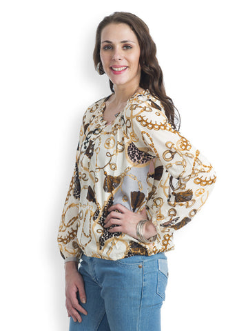 499 Women Cream &amp; Brown Printed Top