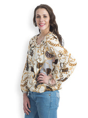499 Women Cream &amp; Brown Printed Top
