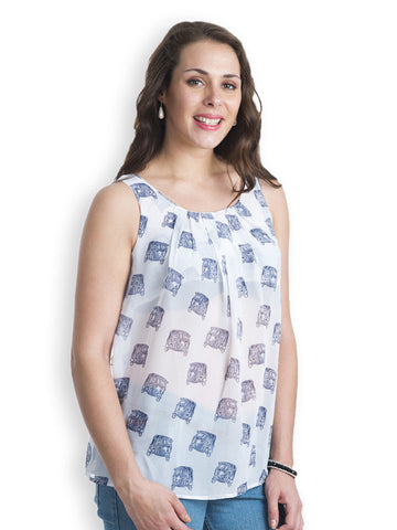 499 Women White Autorickshaw Print Top