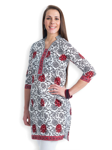 499 Women White &amp; Black Floral Print Kurti