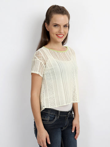 AND by Anita Dongre Women Cream Coloured Lace Crop Top