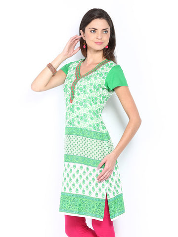 Aaboli Women Green &amp; White Printed Kurta