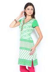 Aaboli Women Green &amp; White Printed Kurta