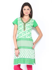 Aaboli Women Green &amp; White Printed Kurta