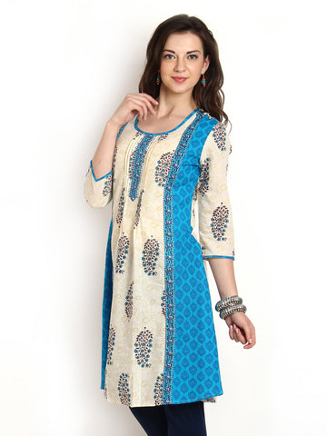 Aaboli Women Off-White &amp; Blue Printed Kurta