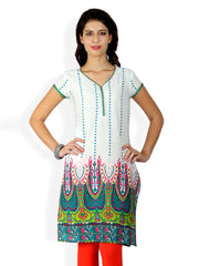 Aaboli Women White &amp; Green Printed Kurta