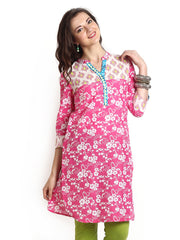Aaboli Women Pink &amp; White Printed Kurta