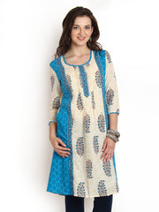 Aaboli Women Off-White &amp; Blue Printed Kurta