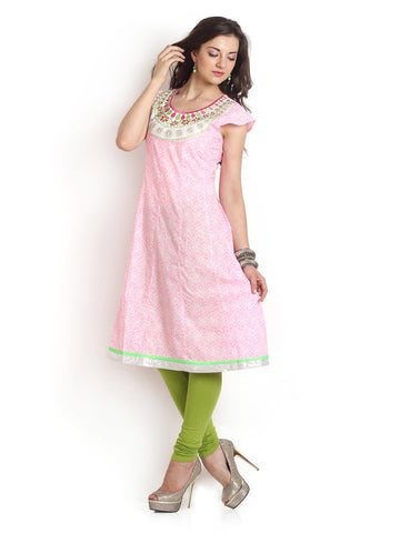 Aaboli Women Pink &amp; White Printed Printed Anarkali Kurta