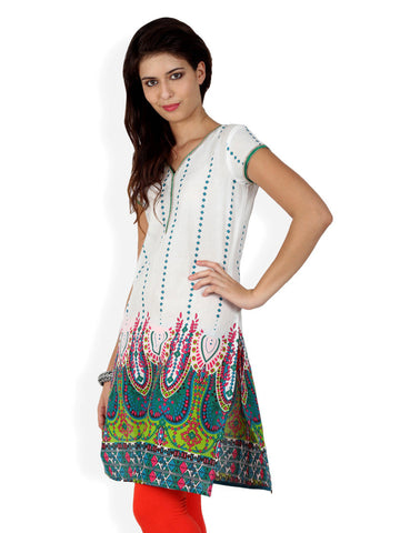Aaboli Women White &amp; Green Printed Kurta