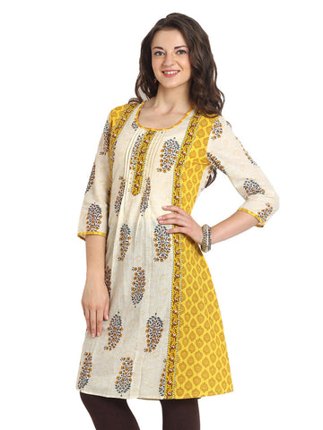 Aaboli Women Off-White &amp; Yellow Printed Kurta