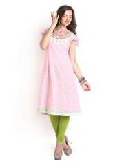 Aaboli Women Pink &amp; White Printed Printed Anarkali Kurta