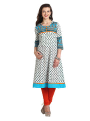 Aaboli Women White &amp; Blue Printed Anarkali Kurta