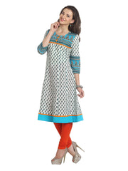 Aaboli Women White &amp; Blue Printed Anarkali Kurta