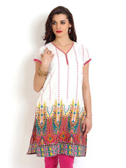 Aaboli Women White &amp; Pink Printed Kurta