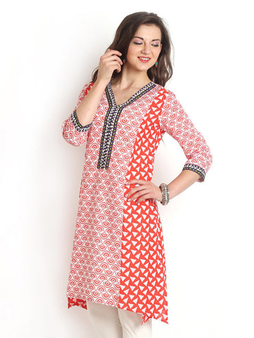 Aaboli Women White &amp; Red Printed Kurta
