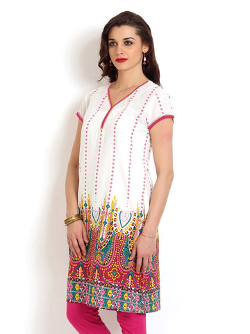 Aaboli Women White &amp; Pink Printed Kurta