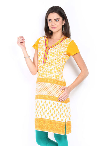 Aaboli Women Off-White &amp; Orange Printed Kurta