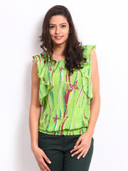 Alibi Women Green Printed Ruffled Top