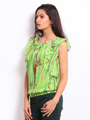 Alibi Women Green Printed Ruffled Top
