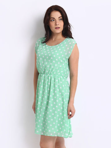 Allen Solly Woman Light Green Polka Dot Print Fit &amp; Flare Dress