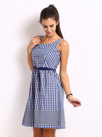 American Swan Blue Checked A-line Dress