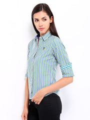 American Swan Women Green &amp; White Striped Shirt
