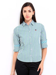 American Swan Women Green &amp; White Striped Shirt