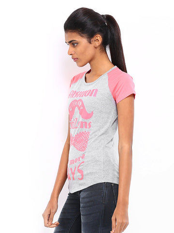 American Swan Women Grey Melange &amp; Pink Printed T-shirt