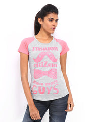American Swan Women Grey Melange &amp; Pink Printed T-shirt