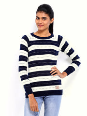 American Swan Women Navy &amp; Off-White Striped Sweater