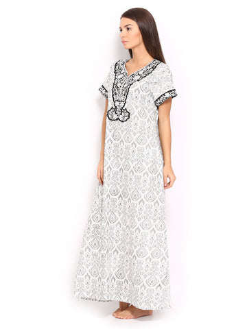 Aneri Off-White &amp; Black Printed Maxi Nightdress G86