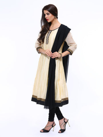 Anouk Rustic Women Beige &amp; Black Anarkali Churidar Kurta with Dupatta