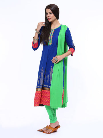 Anouk Rustic Women Blue &amp; Green Anarkali Churidar Kurta with Dupatta