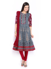 Anouk Rustic Women Blue &amp; Red Printed Anarkali Churidar Kurta with Dupatta