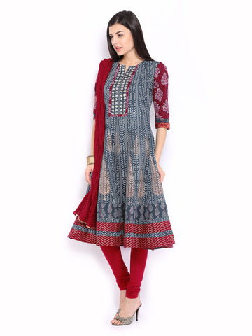 Anouk Rustic Women Blue &amp; Red Printed Anarkali Churidar Kurta with Dupatta