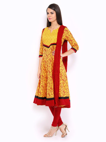 Anouk Rustic Women Yellow &amp; Red Printed Anarkali Churidar Kurta with Dupatta