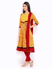 Anouk Rustic Women Yellow &amp; Red Printed Anarkali Churidar Kurta with Dupatta