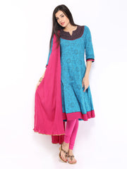 Anouk Women Blue &amp; Pink Printed Anarkali Churidar Kurta with Dupatta