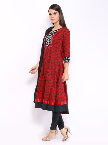 Anouk Rustic Women Red &amp; Black Printed Anarkali Churidar Kurta with Dupatta