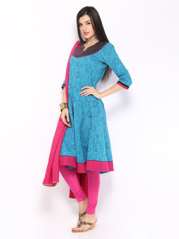 Anouk Women Blue &amp; Pink Printed Anarkali Churidar Kurta with Dupatta