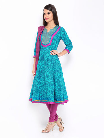 Anouk Rustic Women Blue &amp; Purple Printed Anarkali Churidar Kurta with Dupatta
