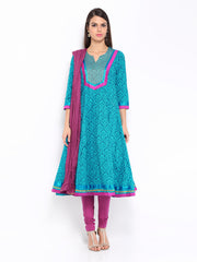 Anouk Rustic Women Blue &amp; Purple Printed Anarkali Churidar Kurta with Dupatta