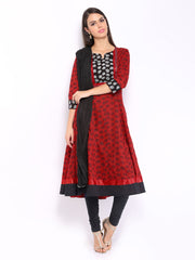 Anouk Rustic Women Red &amp; Black Printed Anarkali Churidar Kurta with Dupatta