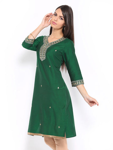Anouk Rustic Women Green Art Silk Embroidered Kurta