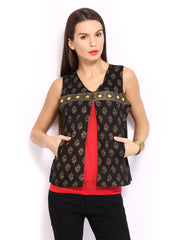 Anouk Rustic Women Black Printed Sleeveless Waistcoat