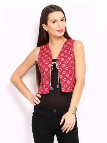 Anouk Rustic Women Green &amp; Pink Printed Sleeveless Reversible Waistcoat